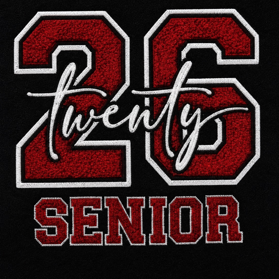 The winning back embroidery: a large red varsity number with white script twenty across it and SENIOR underneath