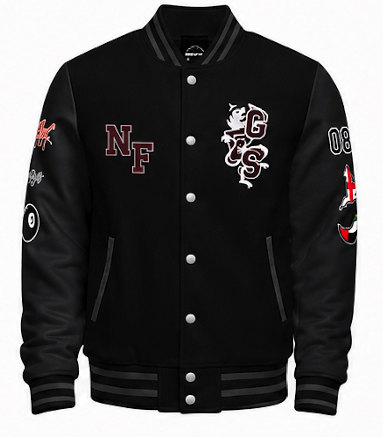 The winning Class of 2027 senior jacket: black, with a grey-striped collar, cuffs and waistband, snap buttons, embroidered initials and the GFS crest on the front, and patches on the sleeves